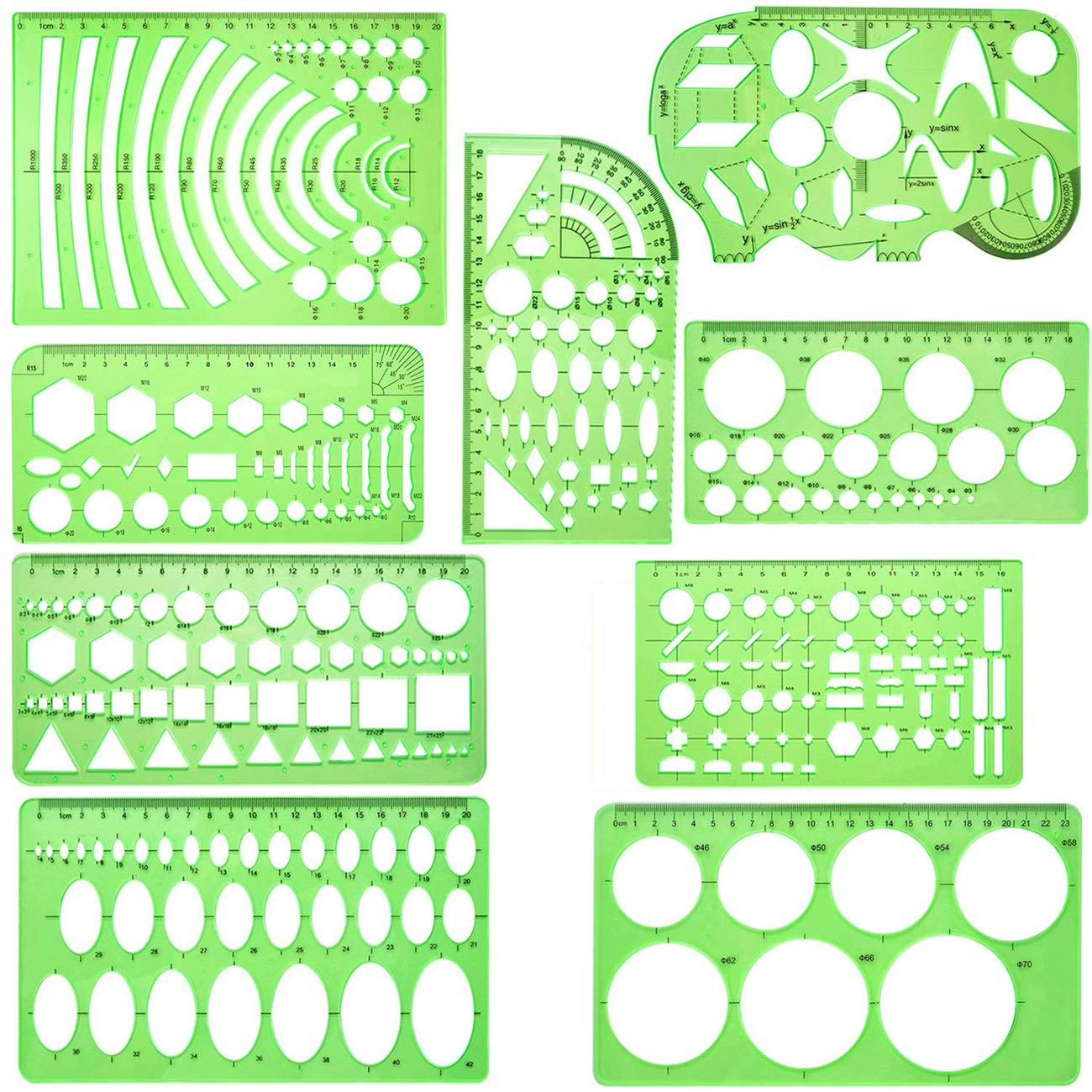 QISF 9 Pcs Geometric Drawing Templates | Ellipse Template | Circle Template | Clear Green Rulers | Measuring Templates Rulers Digital Drawing for Office School Building Formwork Drawings Templates