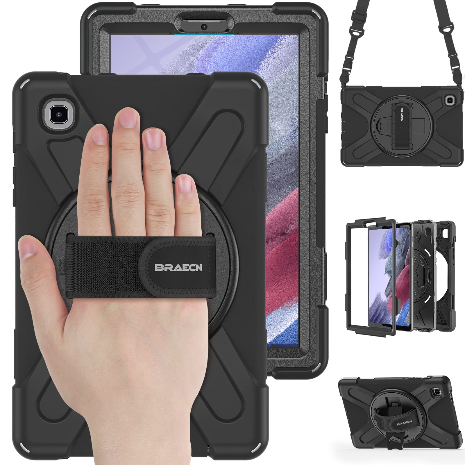 BRAECN Case for Samsung Galaxy Tab A7 Lite 8.7 inch 2021, Heavy Duty Rugged Shockproof Case with 360° Rotating Stander/Hand Strap/Shoulder Strap, Protective Cover for SM-T225/T220/T227 Tablet - Black