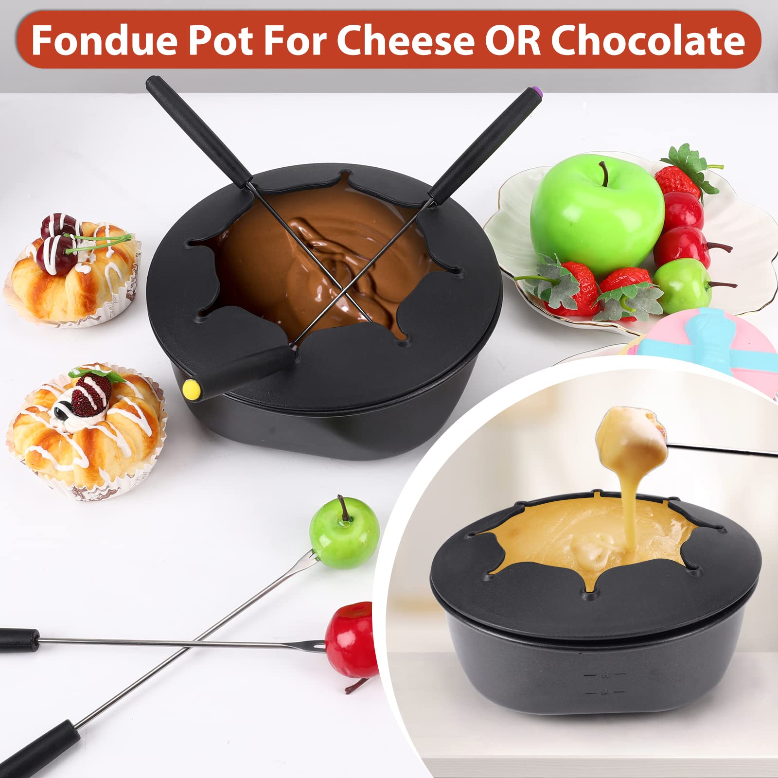 CosCosX Fondue Pot Set, Electric Fondue Pot Sets with BBQ Grill, Portable Korean BBQ Grill with Raclette Grill Plate, 8 Fondue Forks, 8 Small Nonstick Pans Temperature Control for 8 People Parties