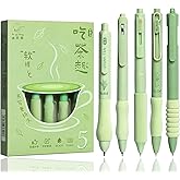 LSLSHY Cute Gel Pens 5Pcs Retractable Quick Dry Ink Pens 0.5mm Fine Point Black Ink Kawaii Smooth Writing Pens for School Office Supplies Aesthetic pretty pens (Green tea)