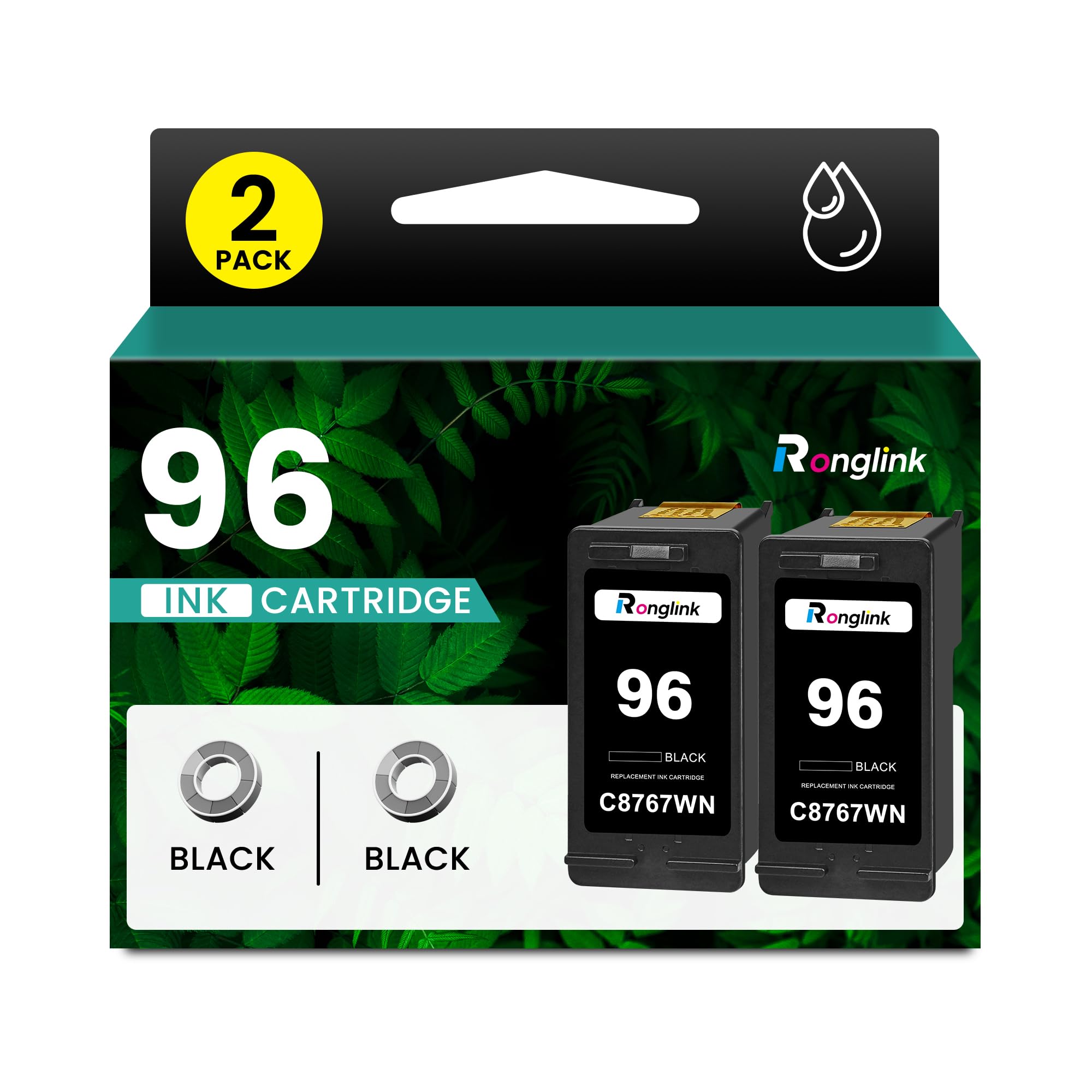 Photo 1 of 96 Black Ink Cartridge 2-Pack Replacement for HP 96 Ink Cartridges for Deskjet 5740 5940 6540 6940 6840 6988 6980 Officejet 7310 7410 7210 Photosmart 8050 2610 2710 Printer 96XL Ink, C8767WN