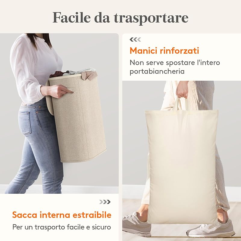 Cesto Portabiancheria, Cesta Panni Sporchi con coperchio, Laundry Basket con Plastica Manici, Porta Biancheria Sporca per Bagno, Lavanderia, Camera da Letto, 55 L, Beige