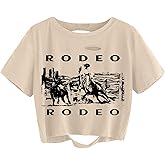 Avanova Women Vintage Graphic Distressed Crop Top Oversized Short Sleeve Ripped Tee Shirt Apricot Wset Medium