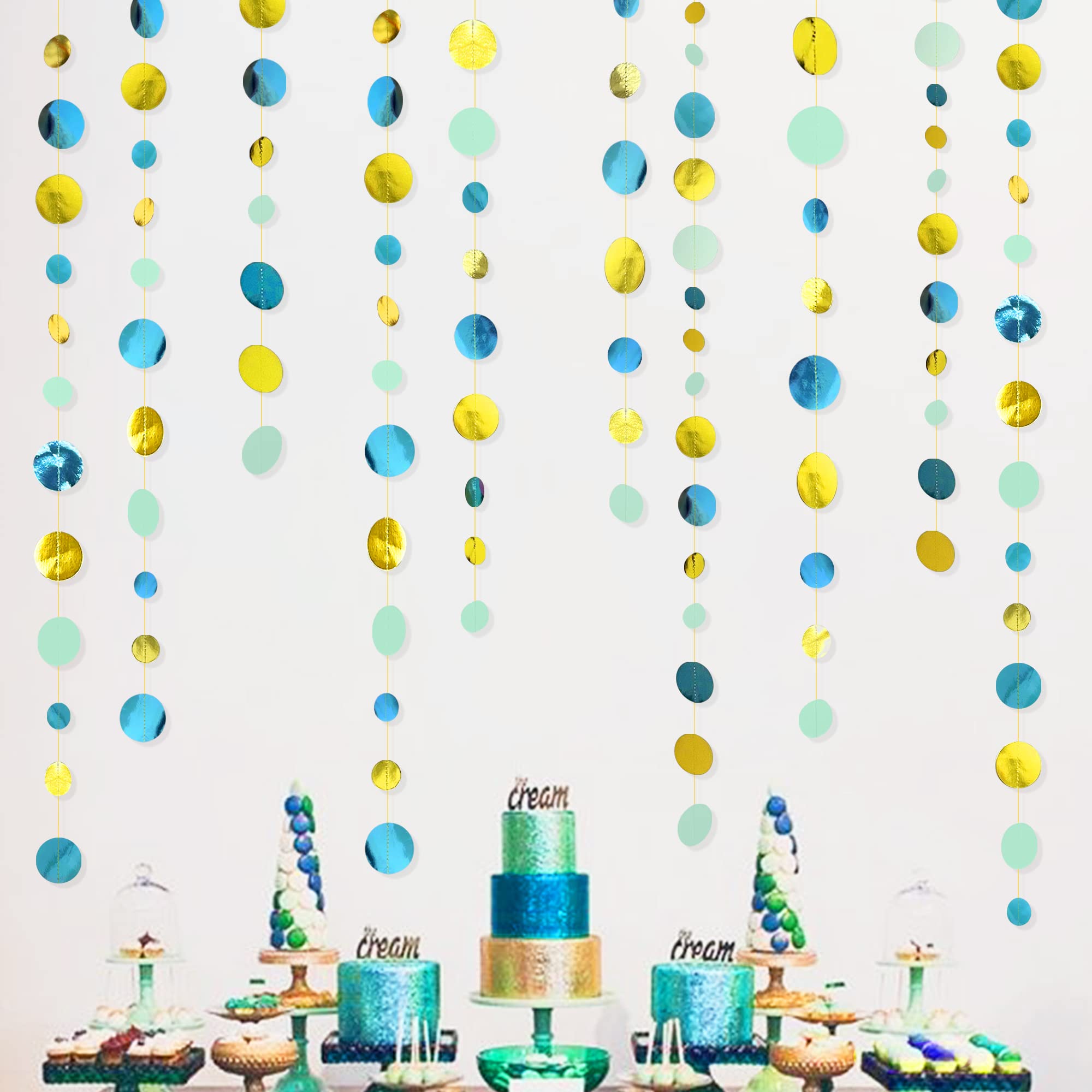 46Ft Green Gold Circle Dots Garland Party Decorations Hanging Paper Polka Dot Streamer for Birthday Bachelorette Engagement Wedding Baby Bridal Shower Anniversary Holiday Home Kids Room Nursery