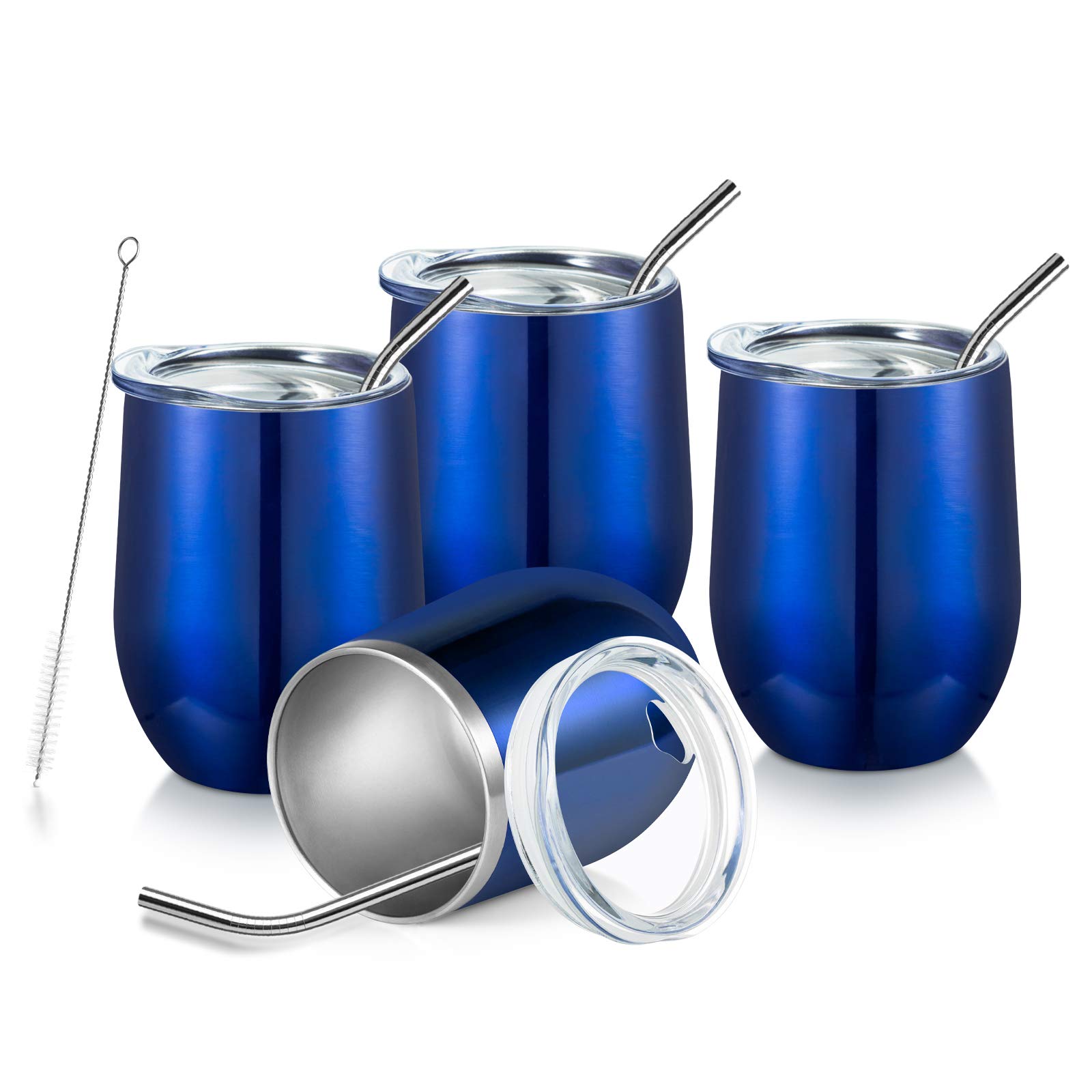 COMOOO Stainless Steel Wine Tumbler Glass Set of 4 with Lid and Straw 12oz Double Wall Vacuum Insulated Travel Tumbler Cup Stemless for Coffee Wine Cocktails Ice Cream Cup (Royal blue , 4)