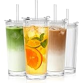 SoulTimes 16oz Ribbed Glass Tumbler with Lid and Glass Straw – Set of 4 Glass Cups with Lids and Straws for Coffee, Smoothies, Cocktails and More, Reusable Iced Coffee Cups for Daily Use and Travel
