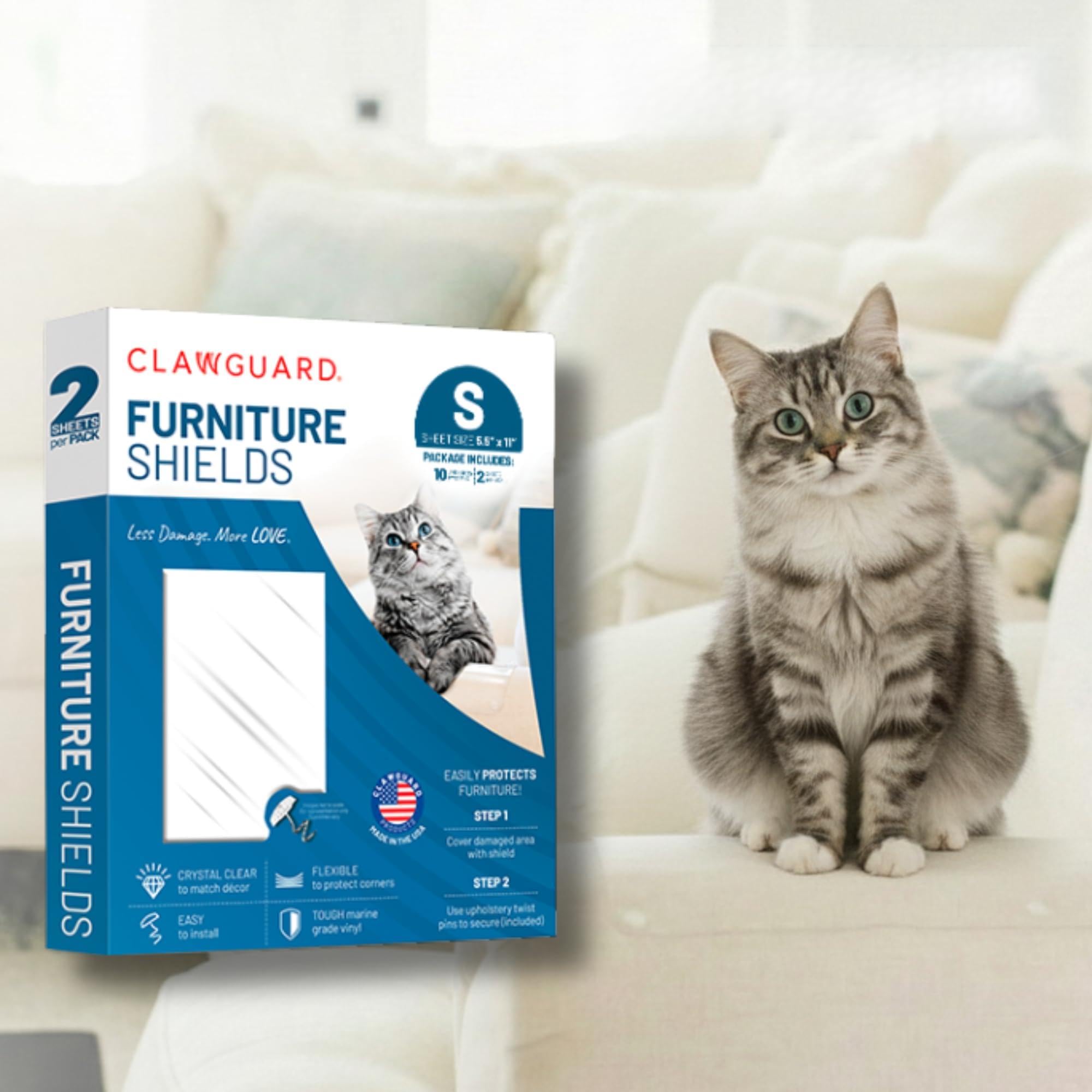 CLAWGUARD Marine Grade Furniture Shields The Ultimate Clear Cat Scratch Pads to Protect & Cover Couch/Sofa/Chair/Upholstery, Crystal Clear 5.5" x 11"/2 Piece