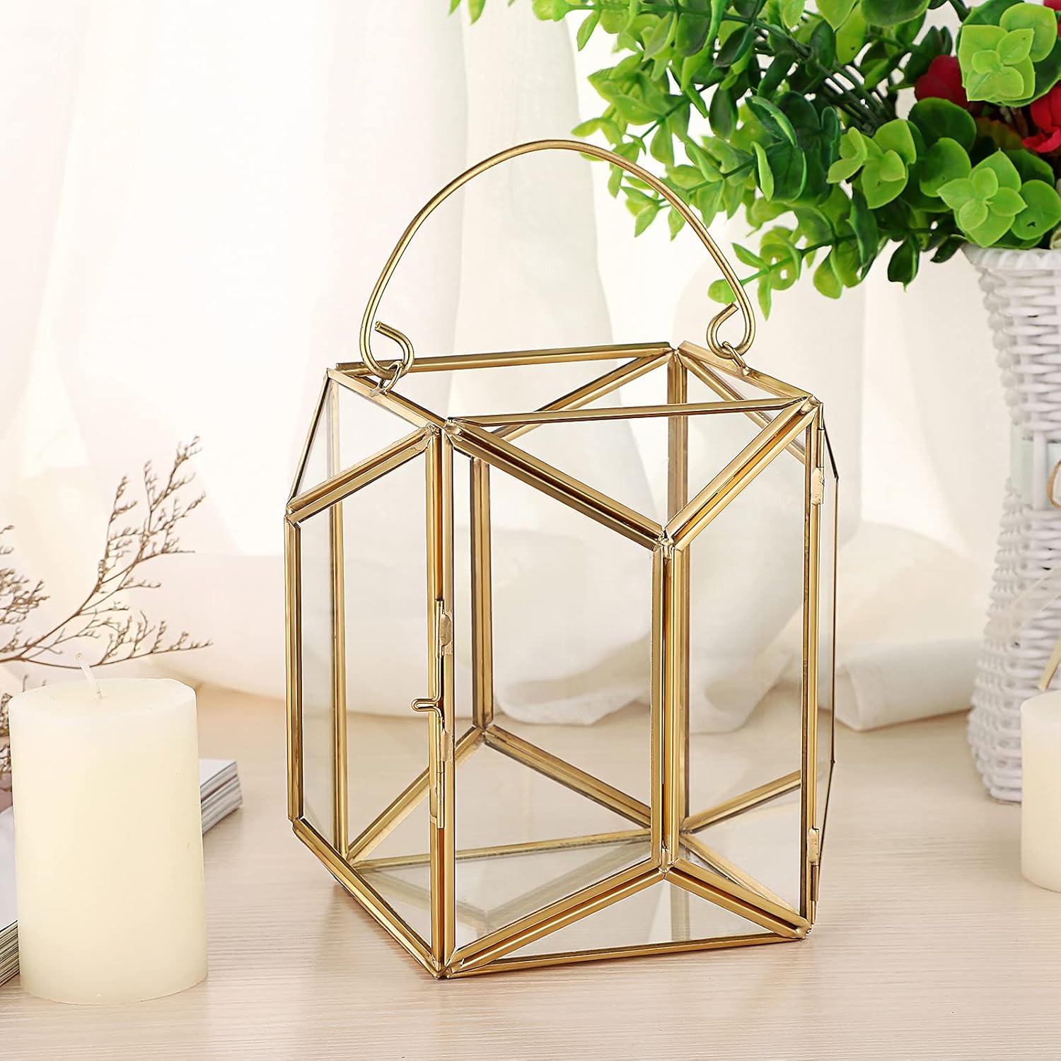 OwnMy Decorative Hurricane Candle Holder Gold Candle Stand Geometric Candle Lantern Metal Pillar Candle Stand with Handle, Glass Terrarium Vase Candlestick Holder for Wedding Table Centerpiece, Medium: Kitchen & Dining