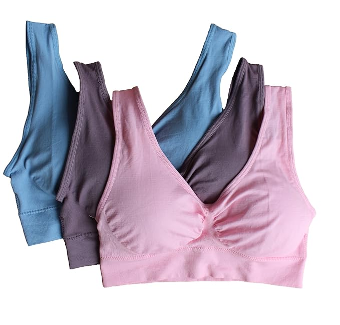 Cabales Women's 3-Pack Seamless Wireless Sports Bra with Removable Pads, Pink/Blue/Dark Purple, X-Large best wirefree bra