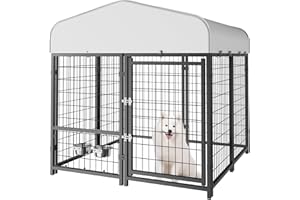 SINO LUBAN Outdoor Dog Kennel Outside with Removable Small Door&Bowls - 5x5x5FT Large Dog Kennels with Roof for Medium/Small Dogs Run Cage Enclosure Yard (Can Connect Your Doghouse)