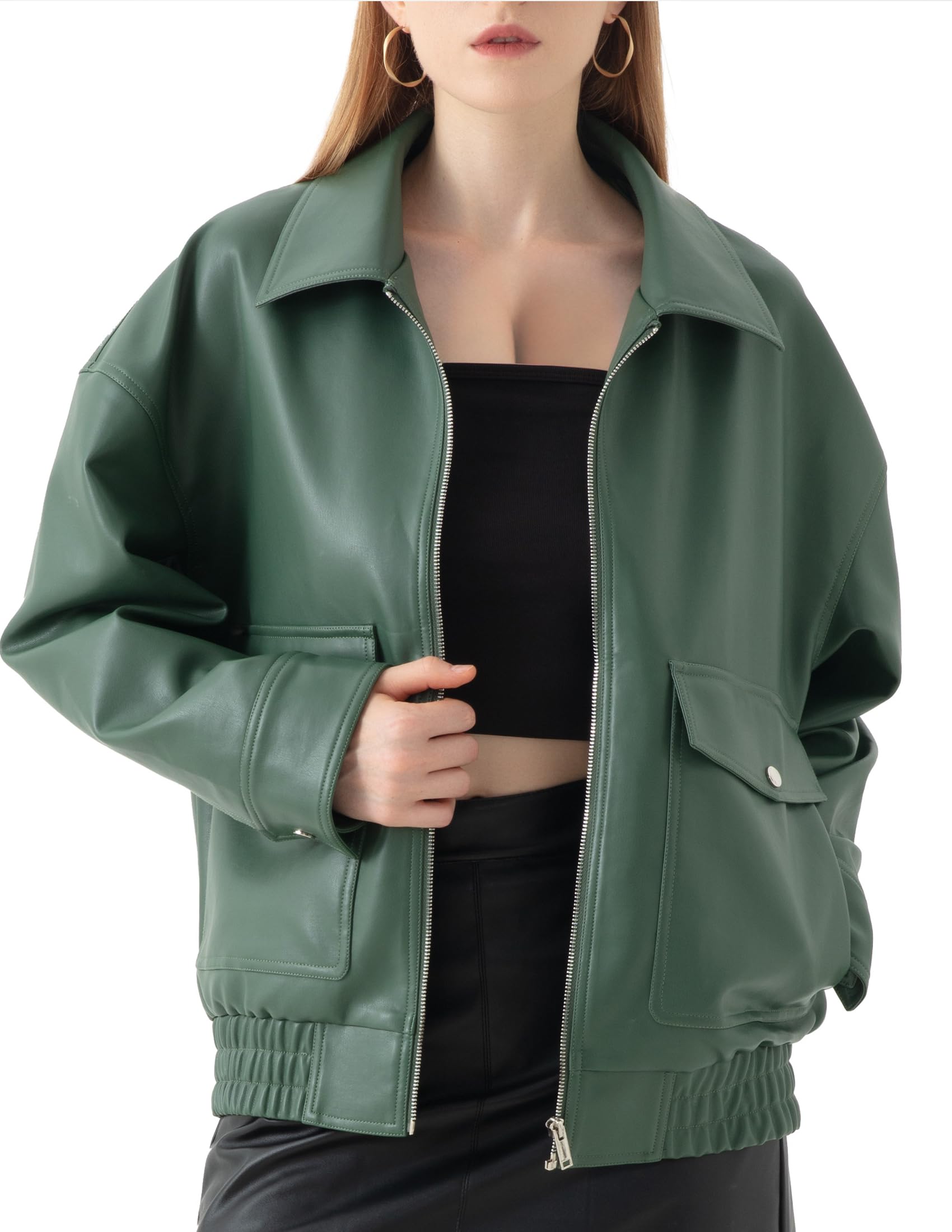 Vanmolrsa Oversize leather jacket women - trendy lightweight jacket with Double Pockets, Adjustable Cuffs, faux leather Moto