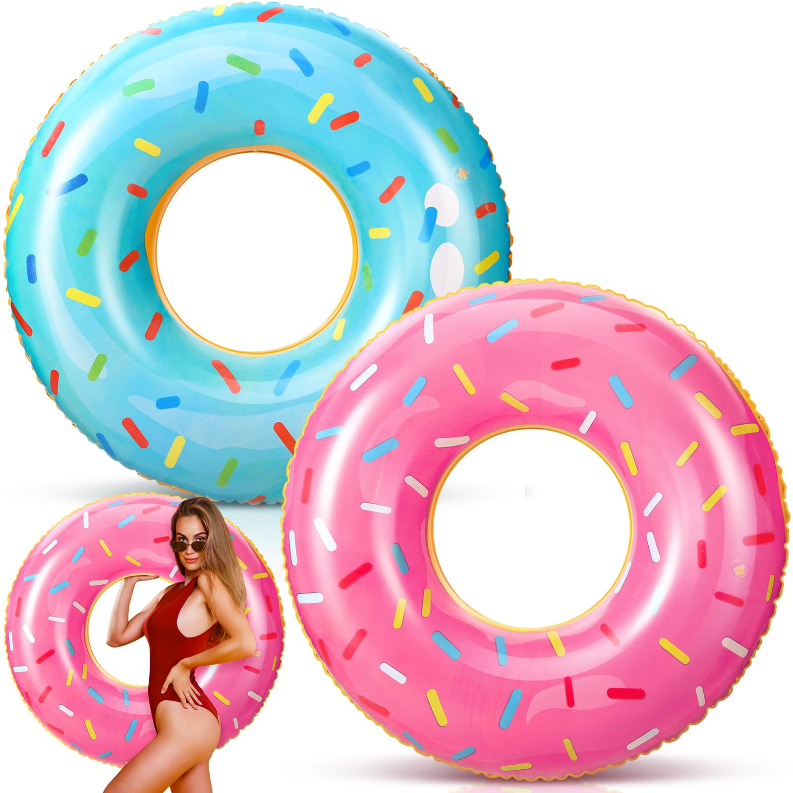 Photo 1 of Qiyaz 2 Pack 47.24 Inches Jumbo Donut Pool Floats for Adults Lovely Donut Inflatable Tube Swim Rings Floaties for Pool, Large Donut Inflatable for Party Decorations Supplies(Pink, Blue)