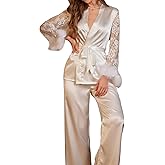 Verdusa Womens Silk Pajamas Set 2 Piece Lace Satin Pjs Ruffle Long Sleeve Belted Top and Pants