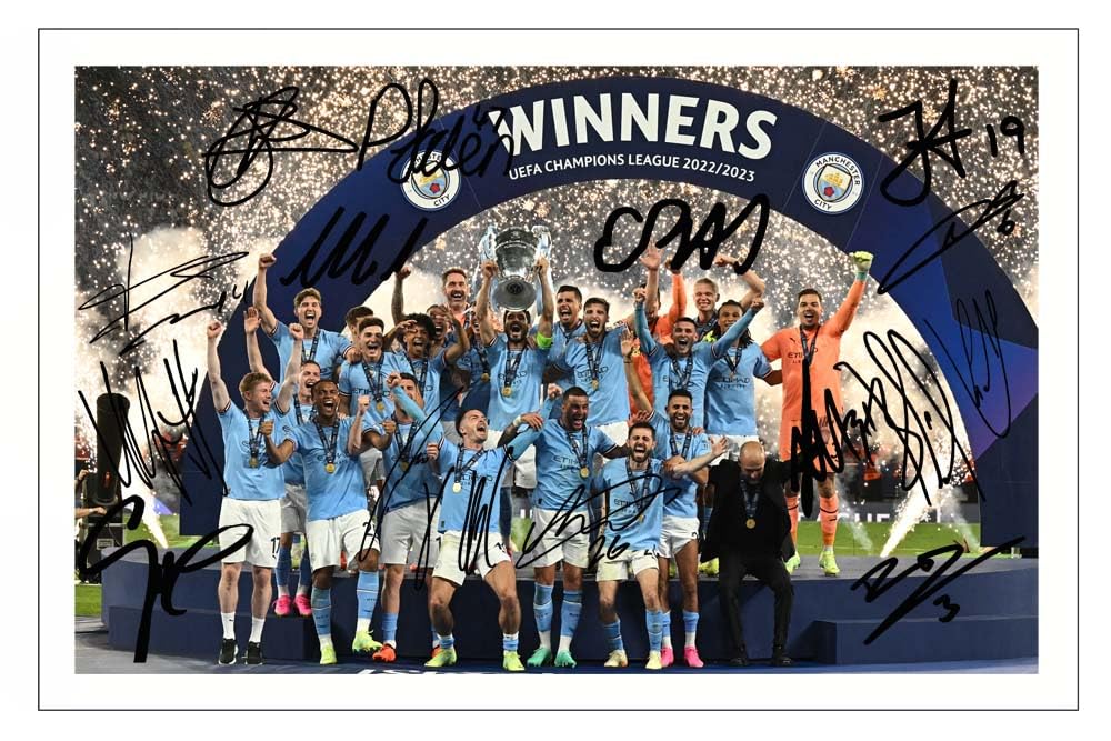 RJR PRINTS Manchester City 2022/23 League Champions League Final Treble Winners Squad Signed 12x8 Inch Photo Print Pre Printed Signatures Football Autograph Gift
