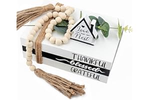 TARKLANDA Wooden Farmhouse Stacked Books Set Home Decor Farmhouse Stacked Faux Black White Wooden Books with Wood Bead Garland for Coffee Tables Home Office Living Room Book Shelf Decor (Blessed-4)