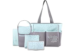 Diaper Bag Tote 5 Piece Set with Sun, Moon, and Stars, Wipes Pocket, Dirty Diaper Pouch, Changing Pad (Turquoise)