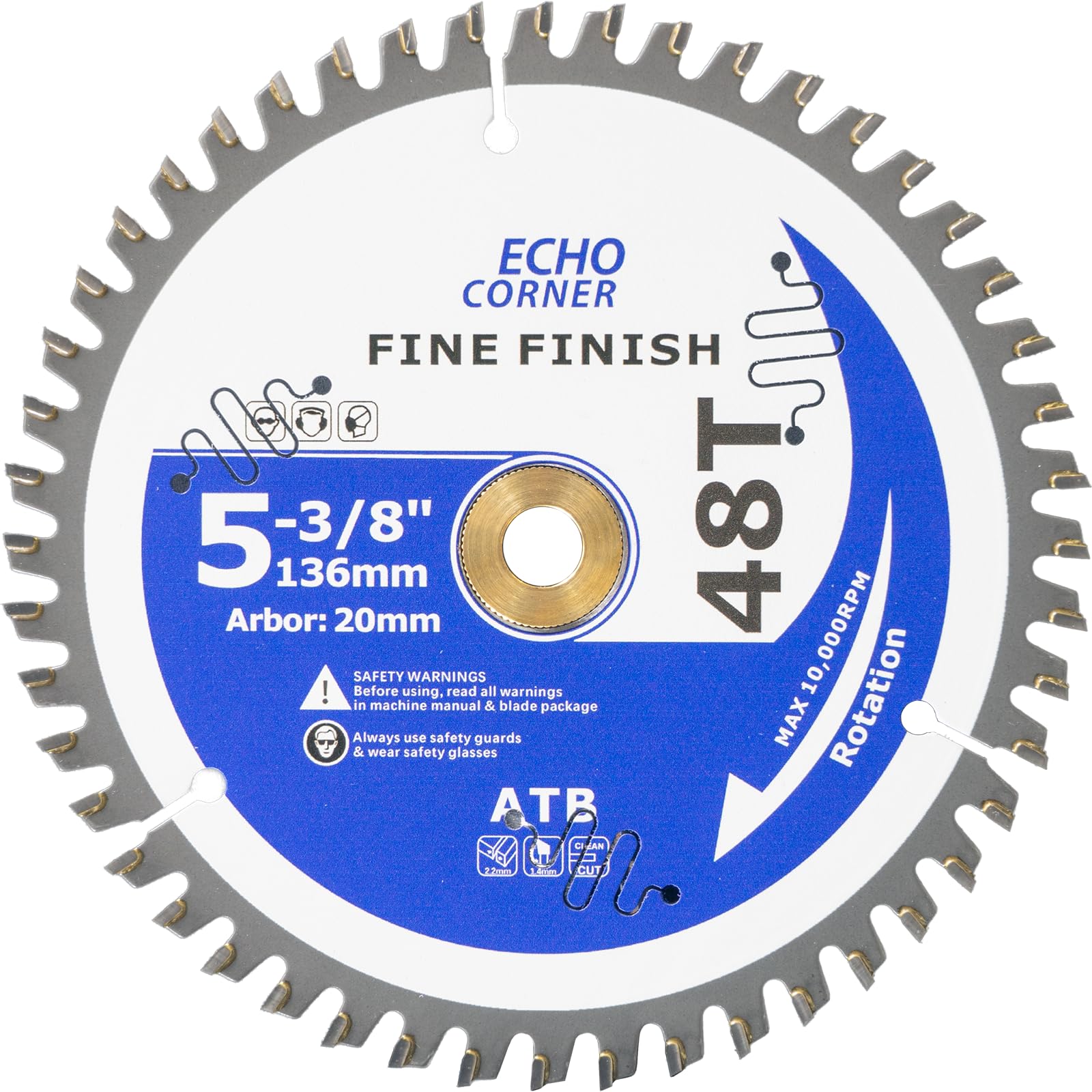 Echo Corner 136mm Circular Saw Blade, 20mm/16mm/10mm Bore, 48-Tooth, Fast Finishing Fine Cut Crosscut Framing Laminate Plywood Plastic Lumber, Compatible with Bosch Makita etc