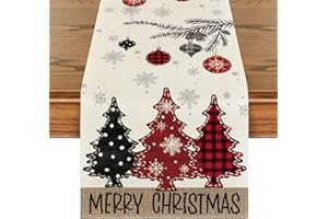 Artoid Mode Red Pine Trees Merry Christmas Table Runner, Winter Xmas Holiday Kitchen Dining Table Decoration for Home Party Decor 13x72 Inch
