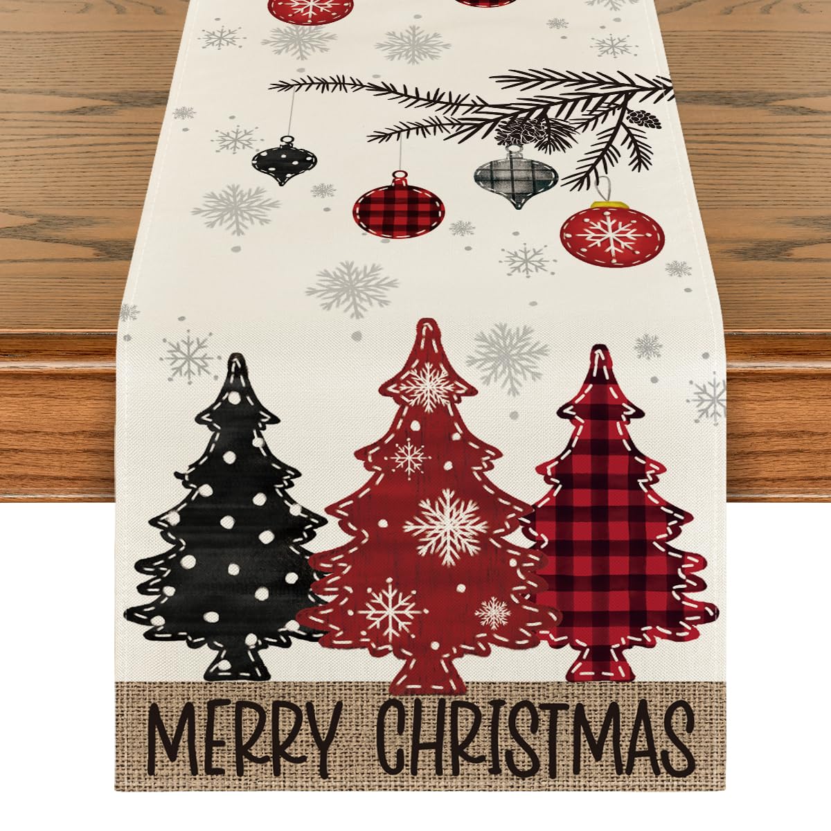 Photo 1 of Artoid Mode Red Pine Trees Merry Christmas Table Runner, Winter Xmas Holiday Kitchen Dining Table Decoration for Home Party Decor 13x90 Inch