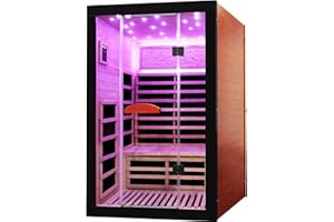 OUTEXER Infrared Sauna 2000W Wooden Saunas Home Spa Room Canadian Hemlock Wood Low-EMF Indoor Saunas with with 7 Color Starry Sky Ceiling Light for Two Person 74.8 * 47.2 * 41.3Inch