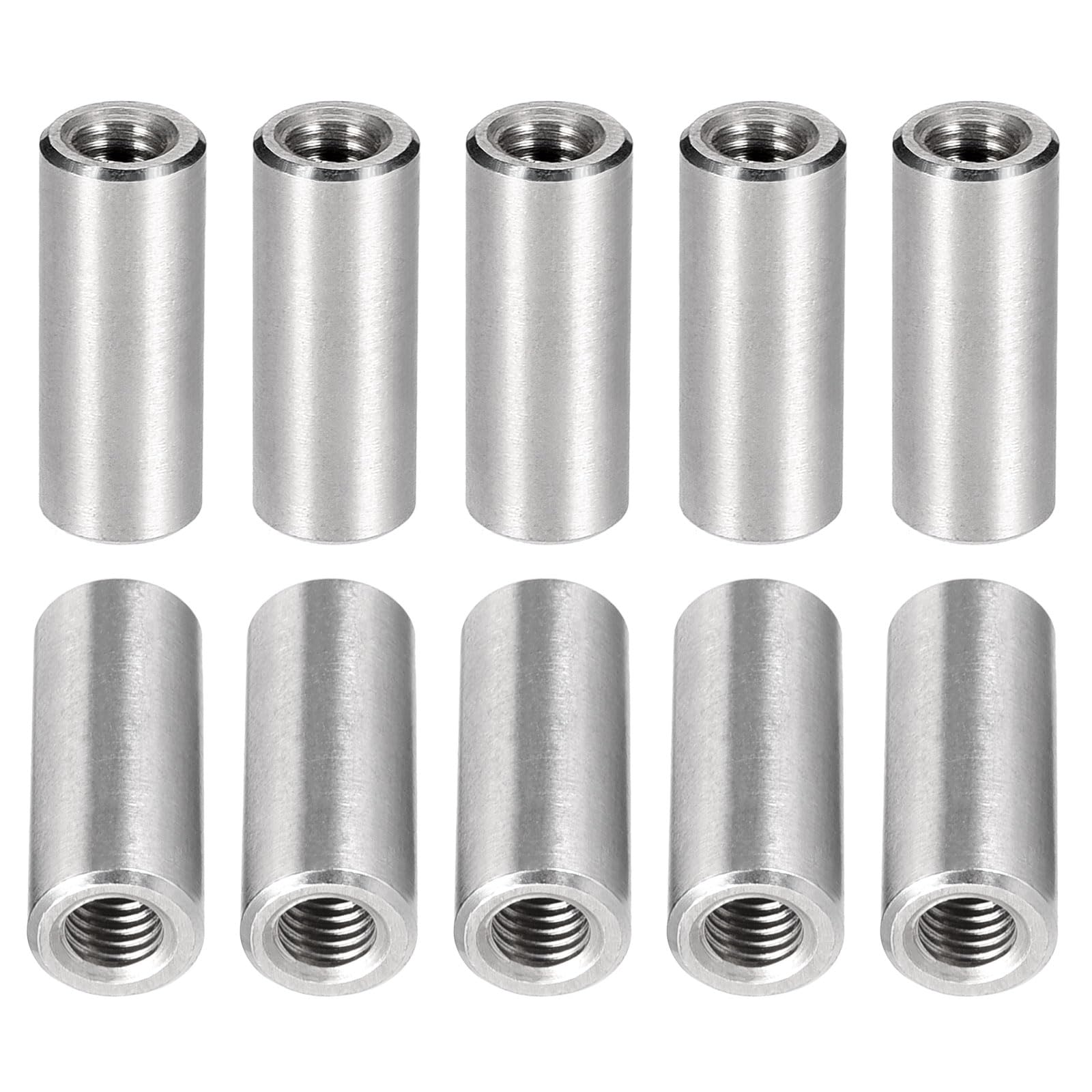 DTGN M6x25mm(DxL) Round Coupling Nut - 10Pack - Good for Machine Connection - 304 Stainless Steel Coupling Connector Nuts Threaded Sleeve Rod - Silver