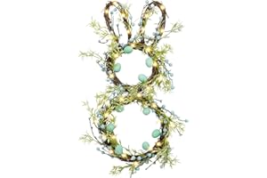 Easter Blue Bunny Wreaths for Front Door with Lights, 24" Easter Green Rabbit Wreaths with Eggs,Twig and Berries Blue Style