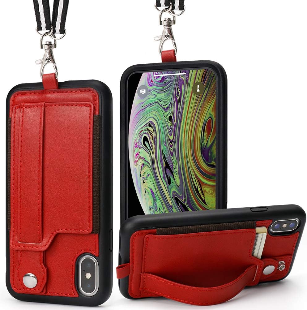 TOOVREN iPhone Xs Max Cover Case Wallet with Card Slot Holder Build-in Stand, Detachable Necklace Lanyard Anti-lost Strap Shockproof Bumper Phone Cover for Apple iPhone Xs Max 6.5 inch Red