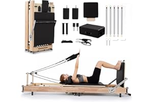 Home Pilates Reformer, Wood Foldable Pilates Machine & Adjustable Exercise Equipment with Double Resistance Spring, Reformer 