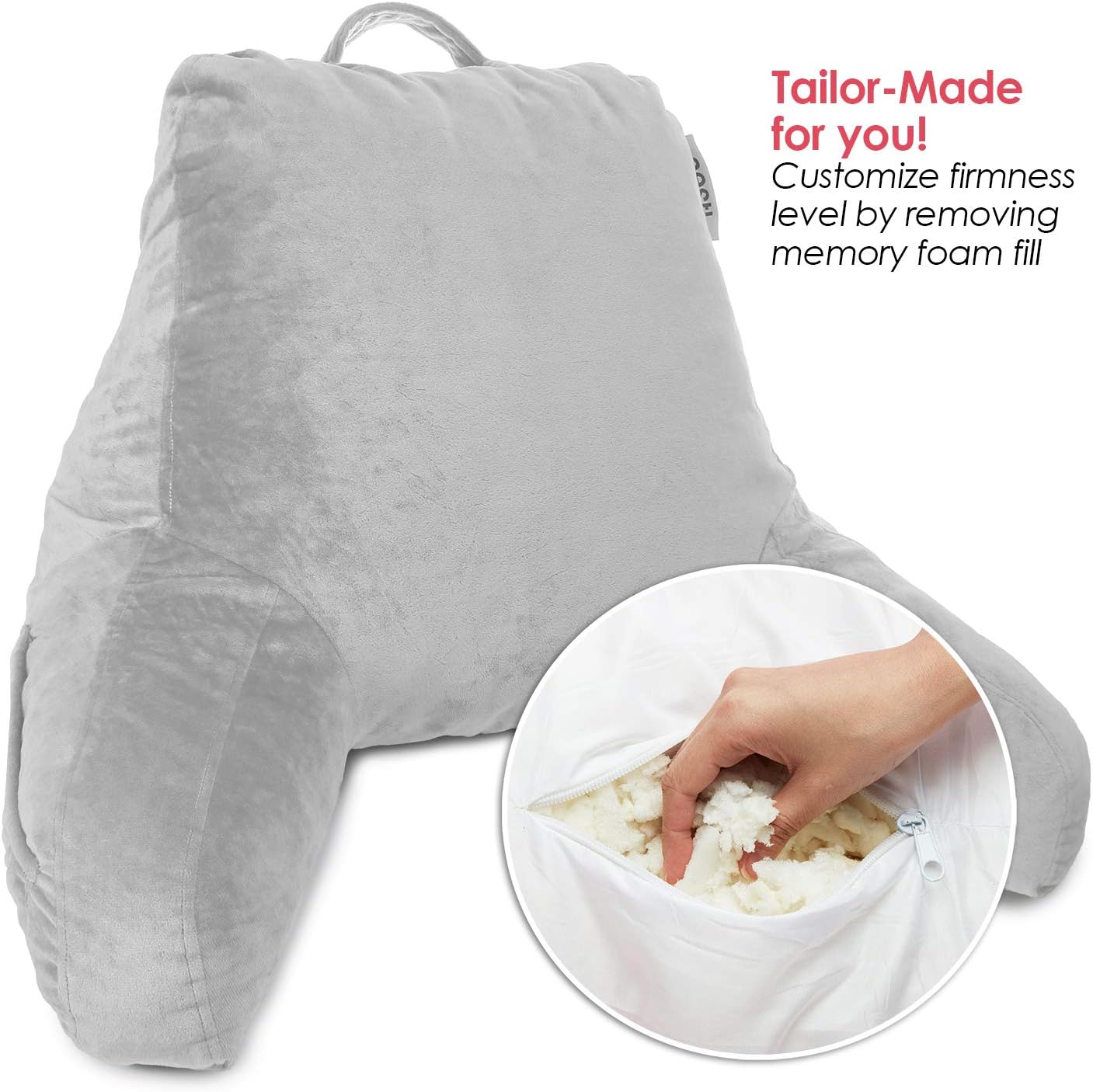 Nestl Reading Pillow, Medium Bed Rest Pillow with Arms for Kids Teens & Adults – Premium Shredded Memory Foam TV Pillow - Silver: Home & Kitchen