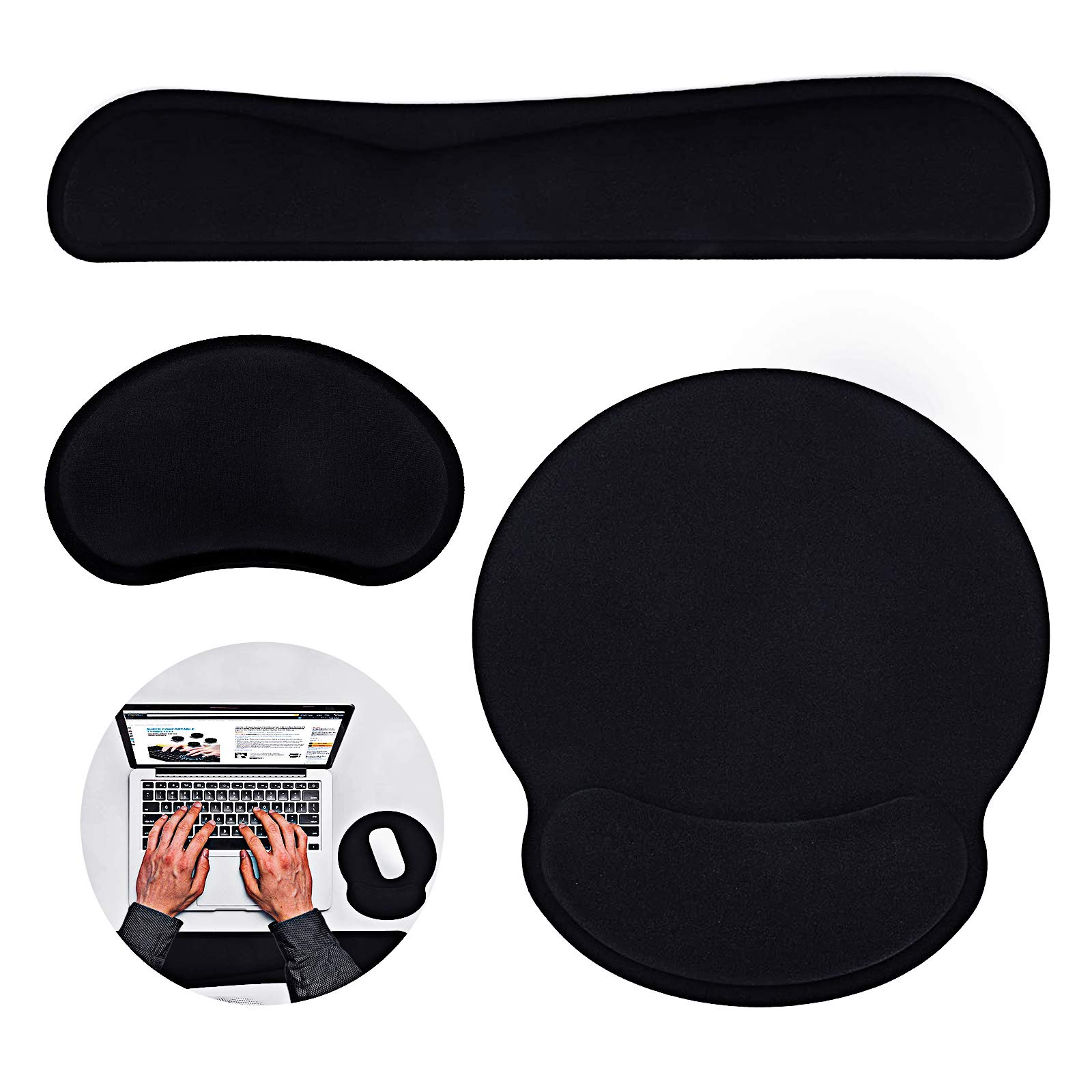 Keyboard Wrist Rest Pad,WOVTE 3Pcs Wrist Rest Support Set with Mouse Pad + Mouse Wrist Rest, Ergonomic Wrist Cushion and Memory Foam Material Apply to Computer, Laptop, Home & Office