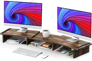 LIFTGO Dual Monitor Stand Riser with Storage, Adjustable Length & Angle Wooden Desk Shelf for 2 Monitors, Computer Stand for 