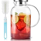 SUSTEAS 2.2 Liter 75oz Glass Pitcher with Lid, Easy Clean Heat Resistant Glass Water Carafe with Handle for Hot/Cold Beverages - Water, Cold Brew, Iced Tea & Juice, 1 Long-Handled Brush Included