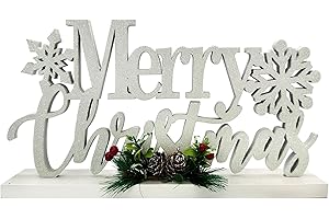 Eternhome Christmas Decorations Merry Christmas Decor Snowflake Silver Shining Sign Farmhouse Wooden Winter Rustic Decor Vintage Holiday Block Tabletop for Home Kitchen Xmas