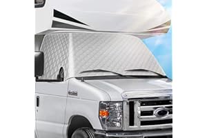 EXCELFU RV Windshield Cover Compatible with Class C Ford E450 1997-2025 Motorhome,Windshield Cover for Ice and Snow RV Front Window Sunshade Cover UV Block 4 Layers with Mirror Cutouts,Silver