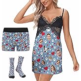 M YESCUSTOM Custom Face Nightgowns for Women Personalized V-neck Sleepwear Lace Nightwear Lingerie Valentine Birth Gifts