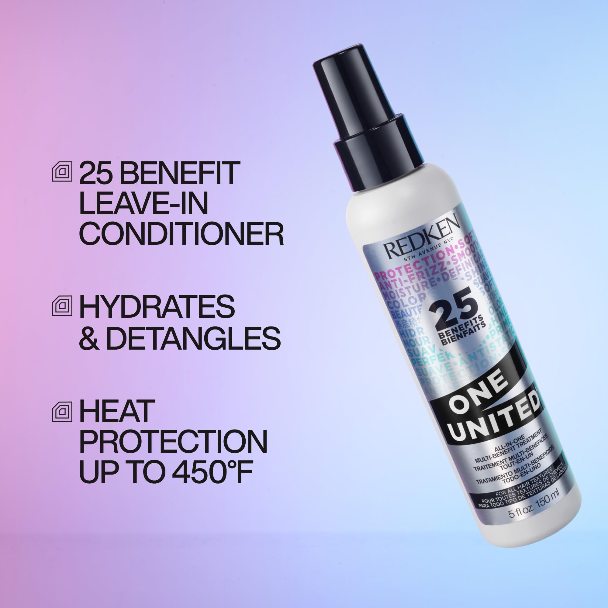 Redken One United All-In-One Leave In Conditioner - Multi-Benefit Leave In Treatment For All Hair Types, Heat Protectant and Detangler Spray, Paraben-Free