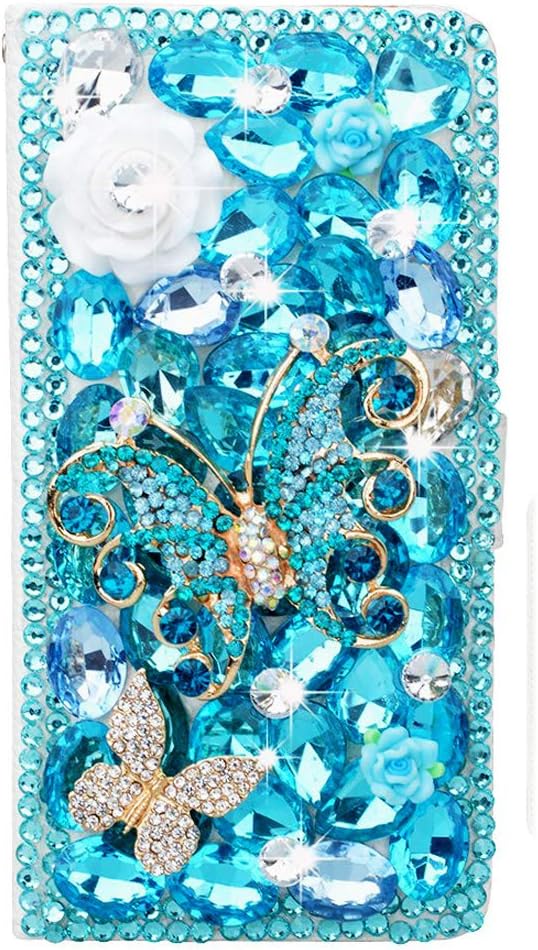 STENES Bling Wallet Phone Case Compatible with iPhone 12 Pro Case - Stylish - 3D Handmade Rose Flowers Butterfly Leather Cover with Neck Strap Lanyard [3 Pack] - Light Blue