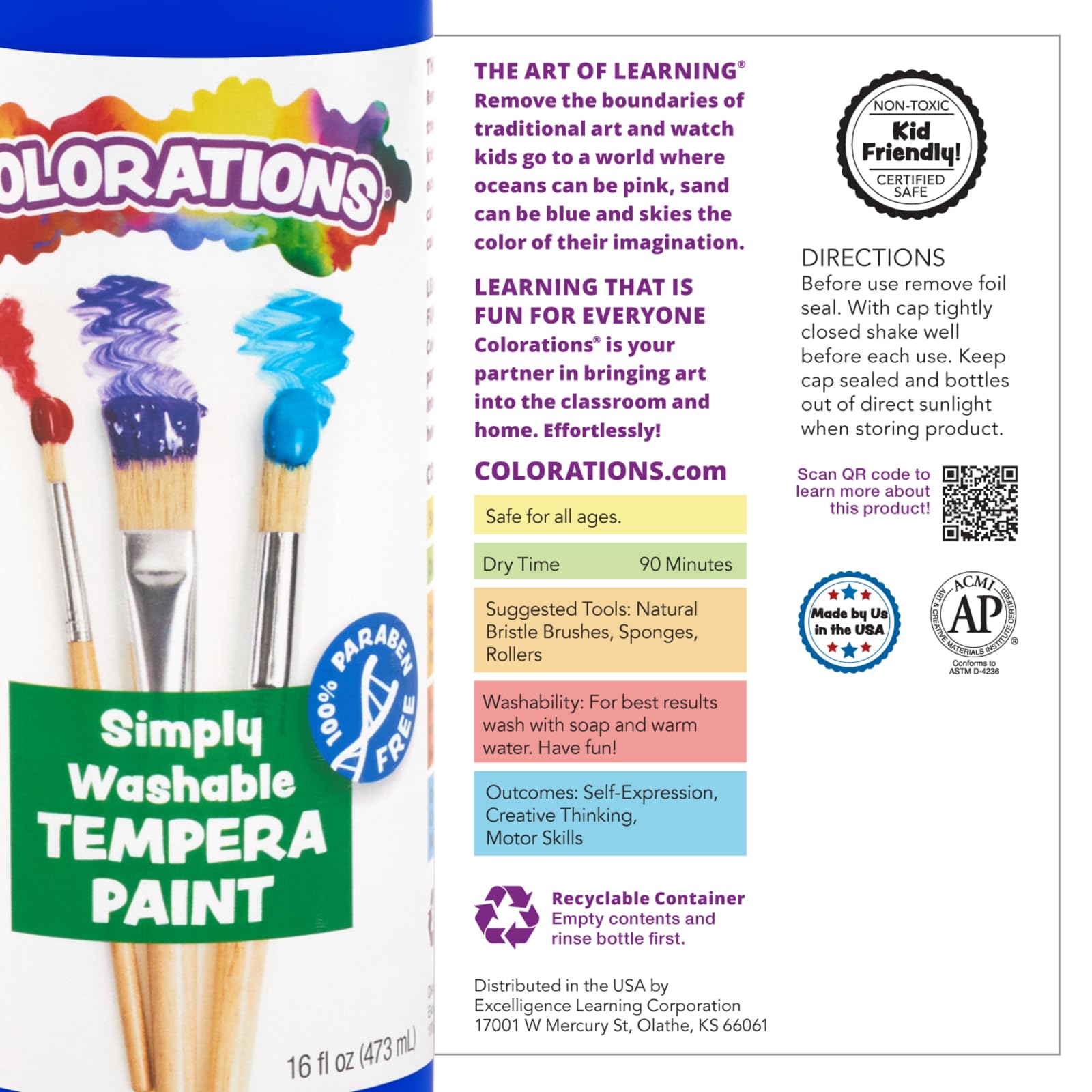 Colorations Paraben-Free Washable Tempera Paint for Kids - 8 Ounce Bottles, Set of 6 Primary Colors, Non-Toxic and Made in The USA
