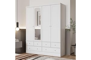 MOUMON 4 Door Wardrobe with Mirror & 6 Drawers, Wardrobe Armoire Closet with 2 Hanging Rods, Armoire with 4 Tier Shelves, for Bedroom White (63”W x 19.7”D x 78.7”H)