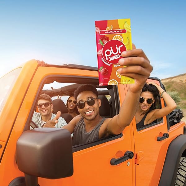 PUR JUMBO GUM | ASPARTAME FREE CHEWING GUM | 100% XYLITOL | NATURAL STRAWBERRY, BANANA, ORANGE FLAVOR, 20 PIECES (PACK OF 1)