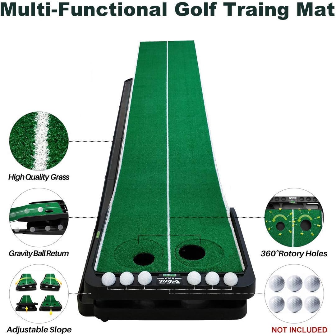 MYKUJA Slope-adjustablity Golf Putting Mat Green Return Two 360 Rotating Holes Professional Portable Putting Trainer Set Indoor Outdoor Training Golf Putting Training Aids for Golfer-Long 9.84 Feet