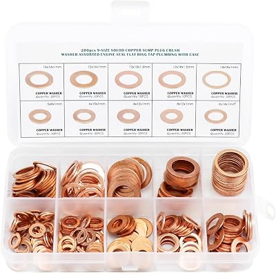 QWORK Copper Washers Kit 200 Pcs M5–M14 Assorted Flat Sealing Washers