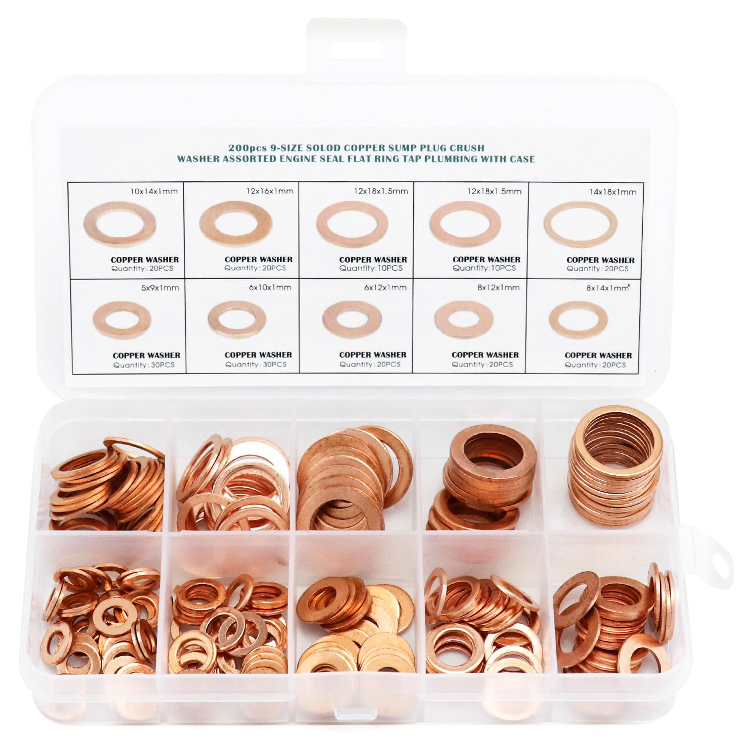 QWORK® Copper Washers Assorted Kit, 200 Pcs Flat Copper Sealing Washers - M5, M6, M8, M10, M12, M14