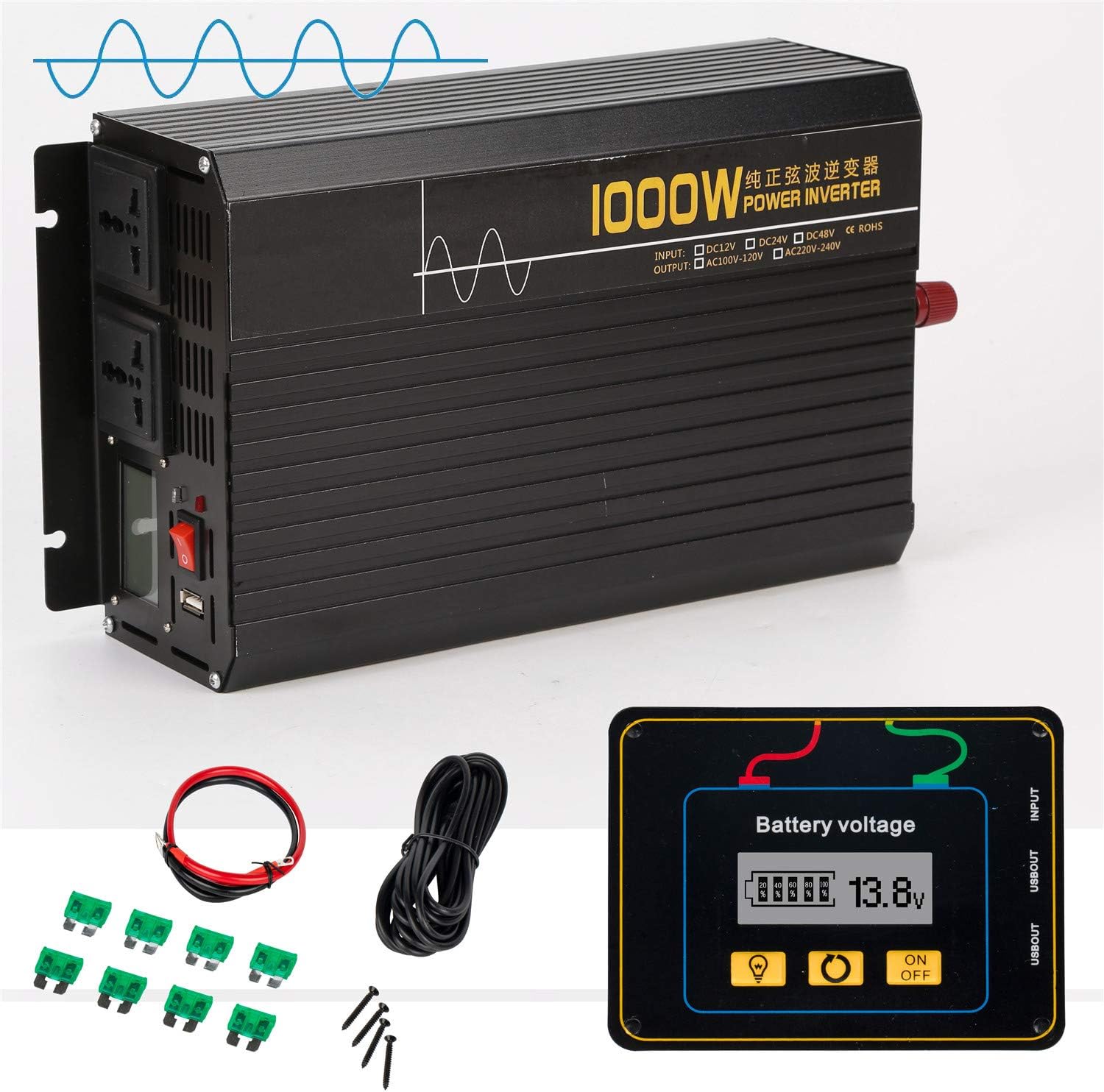 Pure Sine Wave Inverter, Continuous Output 1000W Car Inverter, 12V to 110V 220V Converter-with Socket and USB Port, Peak Power 2000W