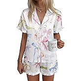 Ekouaer Satin Pajama for Women Short Sleeve Silky Pj Short Set Bow Front Tie Up Loungewear Sleepwear