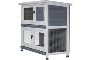 AMZOSS 2 Story Solid Wood Rabbit/Bunny Hutch with 2 Large Main Rooms, Indoor Outdoor Rabbit House Guinea Pig Cage Pet House for Small Animals with Ventilation Door Removable Tray Waterproof Roof (Grey)