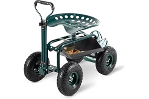 FURNDOOR Garden Cart with Seat Outdoor Gardening Carts Heavy Duty Rolling Garden Stools Scooter with Handle and Storage for Seniors, Green