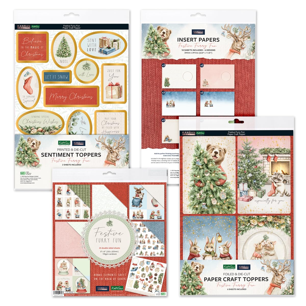 Katy Sue Festive Furry Fun Bundle. Contains 8 x 8 Inch Premium Paper, Insert Papers, Foiled Paper Craft Toppers & Foiled Sentiment Toppers for Christmas Card Making Supplies