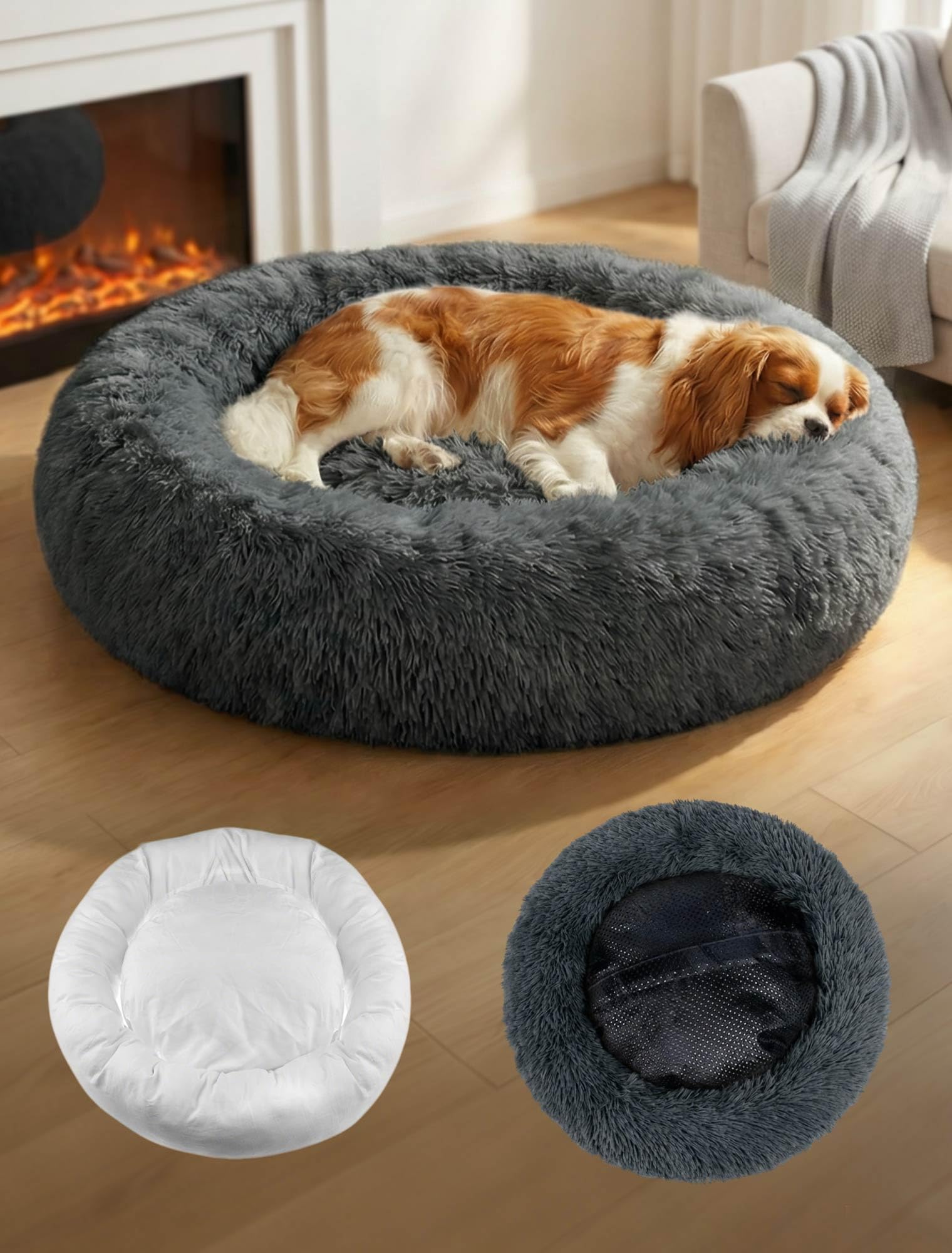 Donut Dog Bed Medium Washable - 60cm Dog Bed with Removable Cover Anti Anxiety Calming Cosy Fluffy Plush Puppy Kitten Round Super Soft Snuggle Pet Cat Beds for Indoor Cats Grey