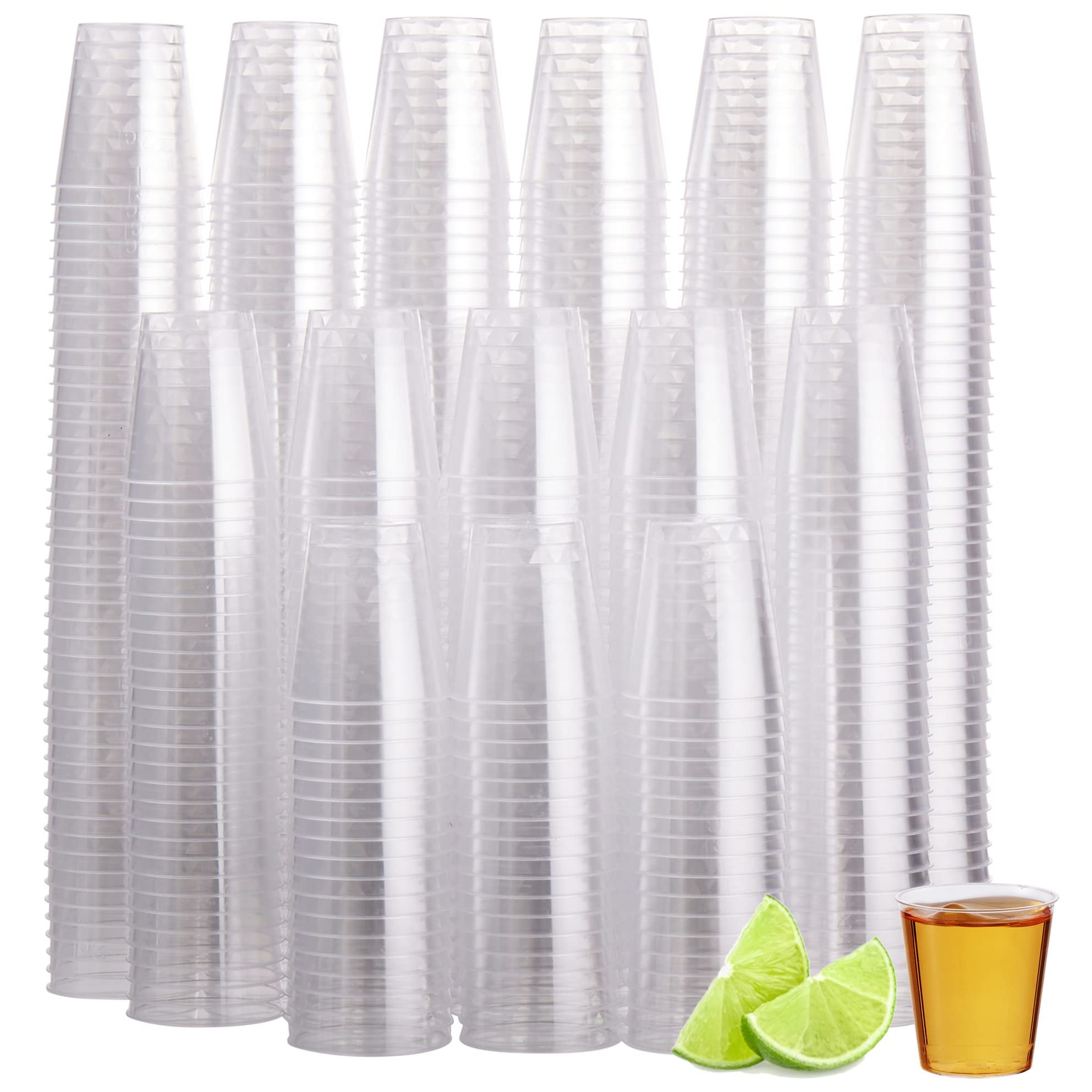 MATANA 500 Plastic Shot Glasses, Crystal Clear (30ml / 1oz) - Reusable - Shot Cups, Jelly Shots, Sample Tasting Cups for Parties, Birthdays, Weddings, Stag, Hen Parties